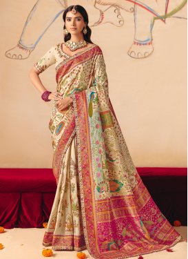 Dola Silk Trendy Saree with Embroidered Work in Cream