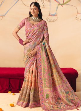 Dola Silk Trendy Saree with Embroidered Work in Peach and Pink for Bridal
