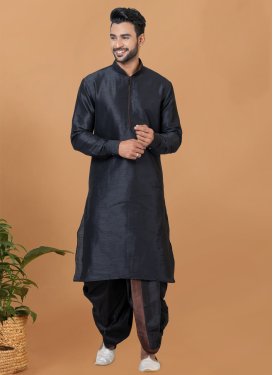 Dupion Silk Dhoti Kurta in Black with Woven Work for Men