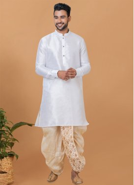 Dupion Silk Dhoti Kurta in Cream and White with Fancy Work for Men