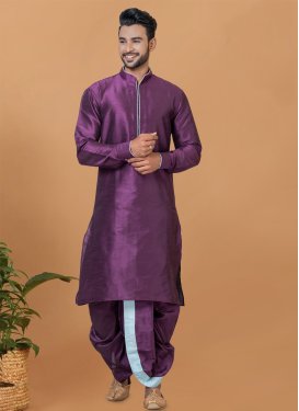 Dupion Silk Dhoti Kurta in Purple with Woven Work for Men