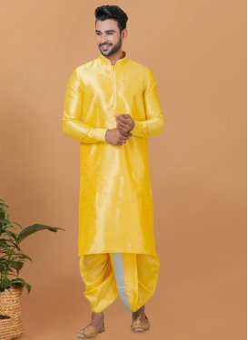 Dupion Silk Dhoti Kurta in Yellow with Woven Work for Men