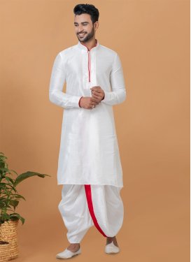 Dupion Silk Dhoti Kurta with Woven Work for Men in White