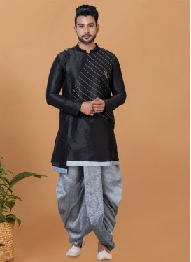 Dupion Silk Dhoti Kurta with Woven Work in Black and Grey