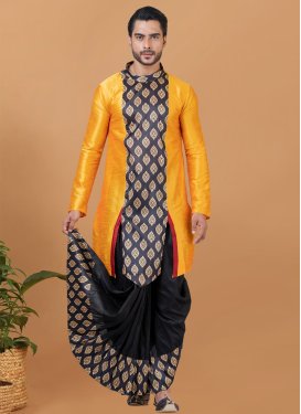 Dupion Silk Dhoti Kurta with Woven Work in Black and Orange