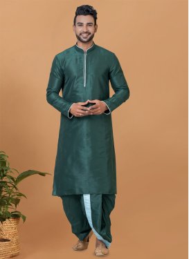 Dupion Silk Dhoti Kurta with Woven Work in Bottle Green