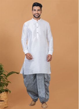 Dupion Silk Dhoti Kurta with Woven Work in Grey and White