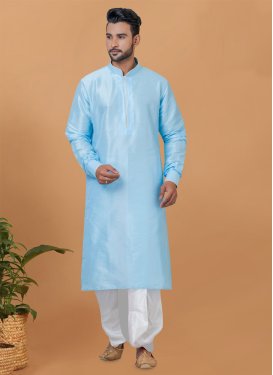 Dupion Silk Dhoti Kurta with Woven Work in Light Blue and White