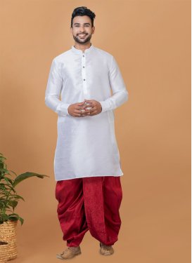 Dupion Silk Dhoti Kurta with Woven Work in Red and White for Festival