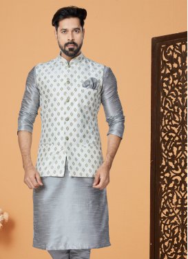 Dupion Silk Nehru Jacket in Off White with Woven Work for Men