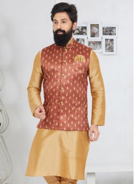 Dupion Silk Nehru Jacket in Salmon with Woven Work for Men