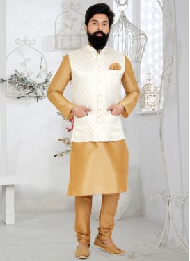 Dupion Silk Nehru Jacket in White with Woven Work for Ceremonial