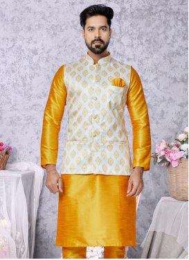 Dupion Silk Nehru Jacket with Woven Work for Ceremonial in Off White