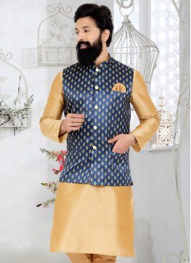 Dupion Silk Nehru Jacket with Woven Work for Men in Navy Blue