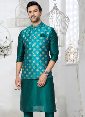 Dupion Silk Nehru Jacket with Woven Work in Teal for Ceremonial