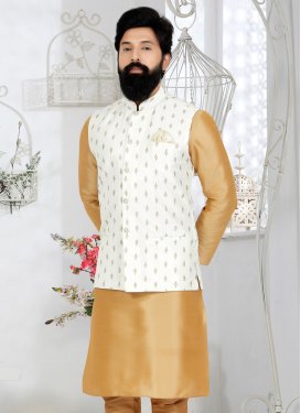 Dupion Silk Nehru Jacket with Woven Work in White for Ceremonial