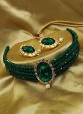 Elegant Alloy Beads Work Green and White Gold Rodium Polish Necklace Set