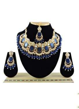 Elegant Alloy Beads Work Navy Blue and White Necklace Set