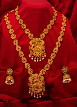Elegant Beads Work Alloy Gold Rodium Polish Necklace Set For Bridal