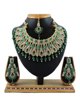 Elegant Beads Work Bottle Green and White Gold Rodium Polish Necklace Set