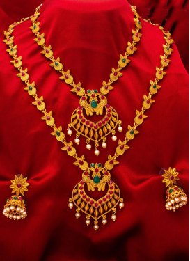 Elegant Gold and Green Beads Work Alloy Gold Rodium Polish Necklace Set