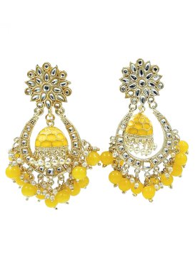 Elegant Gold Rodium Polish White and Yellow Beads Work Earrings