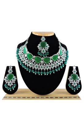 Elegant Silver Rodium Polish Beads Work Alloy Green and White Necklace Set For Party