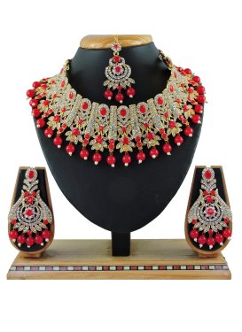 Elegant Stone Work Red and White Gold Rodium Polish Necklace Set