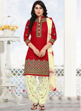 Embroidered Cotton Punjabi Suit in Red