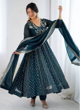 Embroidered Work Anarkali Suit For Ceremonial in Teal
