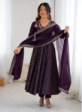 Embroidered Work Anarkali Suit For Festival in Purple
