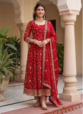Embroidered Work Anarkali Suit For Festival in Red