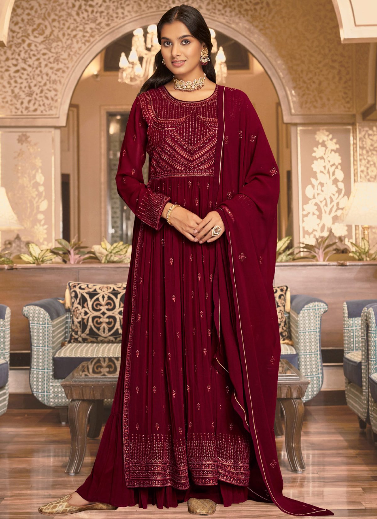 Buy Embroidered Work Ankle Length Anarkali Salwar Suit Online