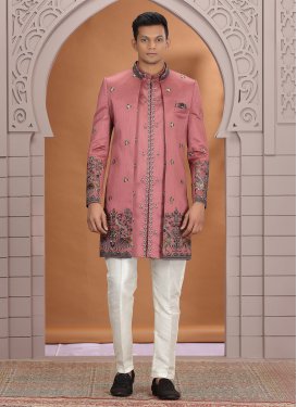 Embroidered Work Art Silk Indo Western in Off White and Salmon for Men