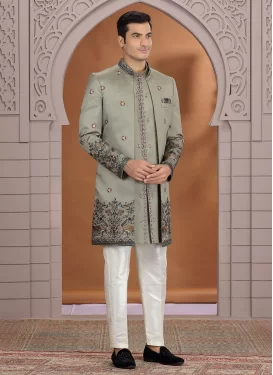 Embroidered Work Art Silk Indo Western in Off White and Sea Green for Party