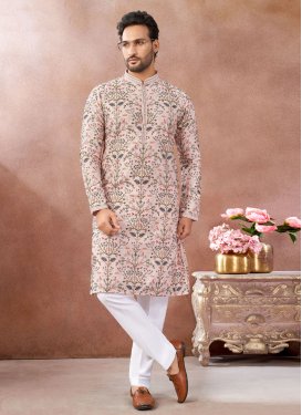Embroidered Work Art Silk Kurta Pajama in Beige and White for Party