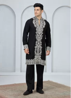 Embroidered Work Art Silk Kurta Pajama in Black for Ceremonial