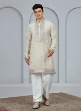 Embroidered Work Art Silk Kurta Pajama in Cream and White for Men