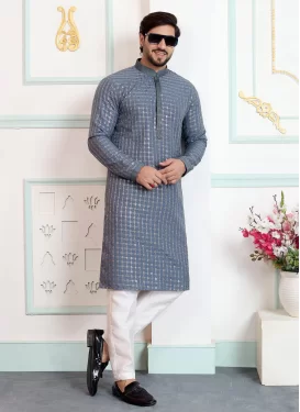 Embroidered Work Art Silk Kurta Pajama in Grey for Men