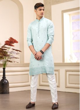 Embroidered Work Art Silk Kurta Pajama in Off White and Turquoise for Men