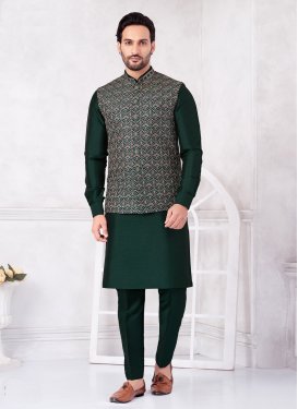 Embroidered Work Art Silk Kurta Pajama With Jacket in Green for Men