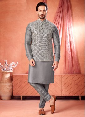 Embroidered Work Art Silk Kurta Pajama With Jacket in Grey for Men