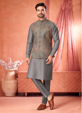 Embroidered Work Art Silk Kurta Pajama With Jacket in Grey for Men