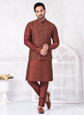 Embroidered Work Art Silk Kurta Pajama With Jacket in Rust for Festival