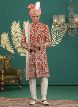 Embroidered Work Art Silk Wedding Sherwani in Beige and Tomato for Men