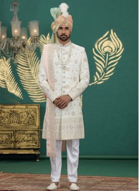 Embroidered Work Art Silk Wedding Sherwani in Cream and Off White for Ceremonial
