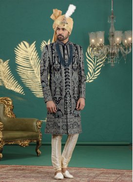 Embroidered Work Art Silk Wedding Sherwani in Navy Blue for Ceremonial