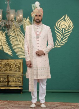 Embroidered Work Art Silk Wedding Sherwani in Off White and Salmon for Ceremonial