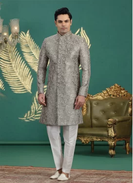 Embroidered Work Banarasi Silk Wedding Sherwani in Olive for Men