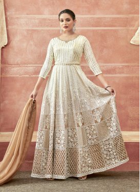 Embroidered Work Beige and Off White Readymade Anarkali Salwar Suit